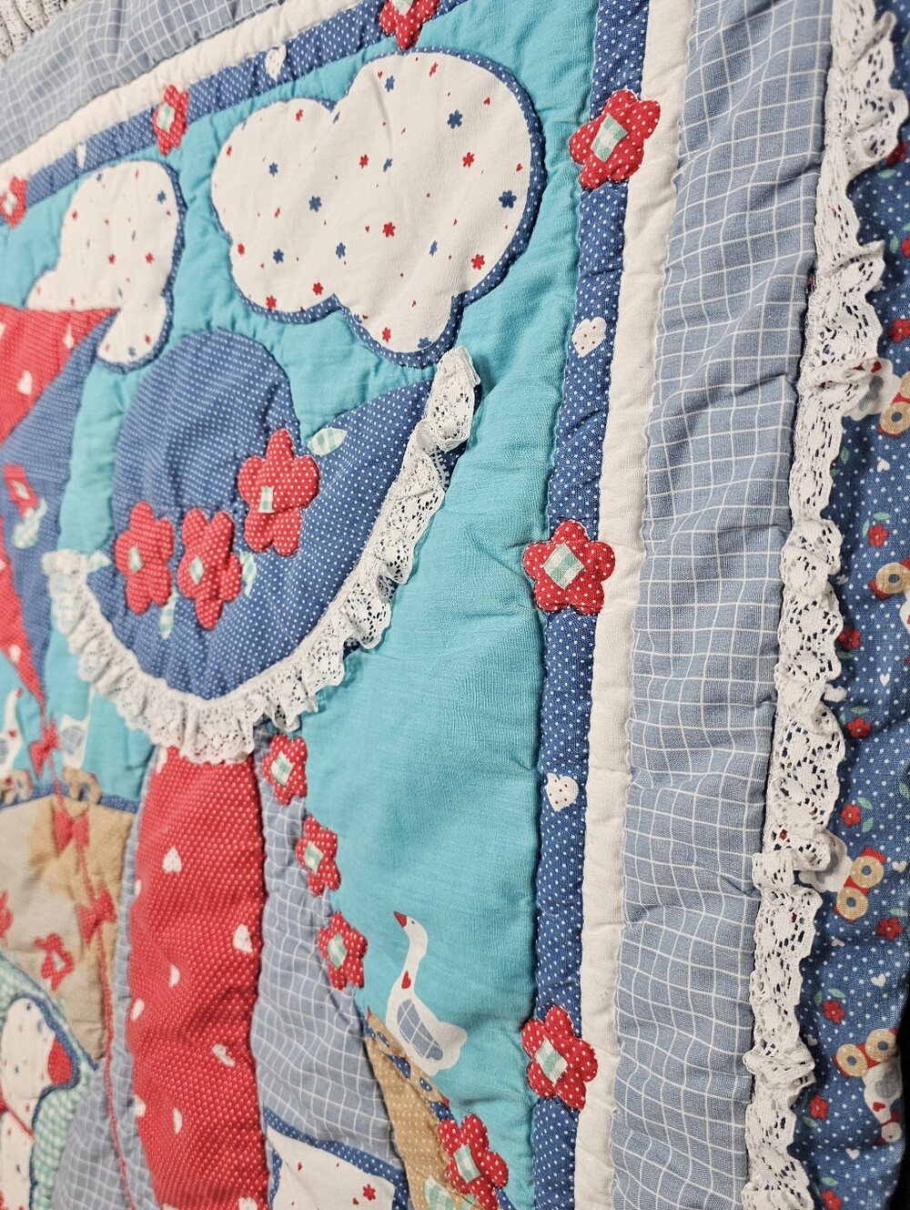 Vintage 1986 Diana Burchfield Girl Goose Duck Kite Baby Quilt Blanket - Picture 6 of 8